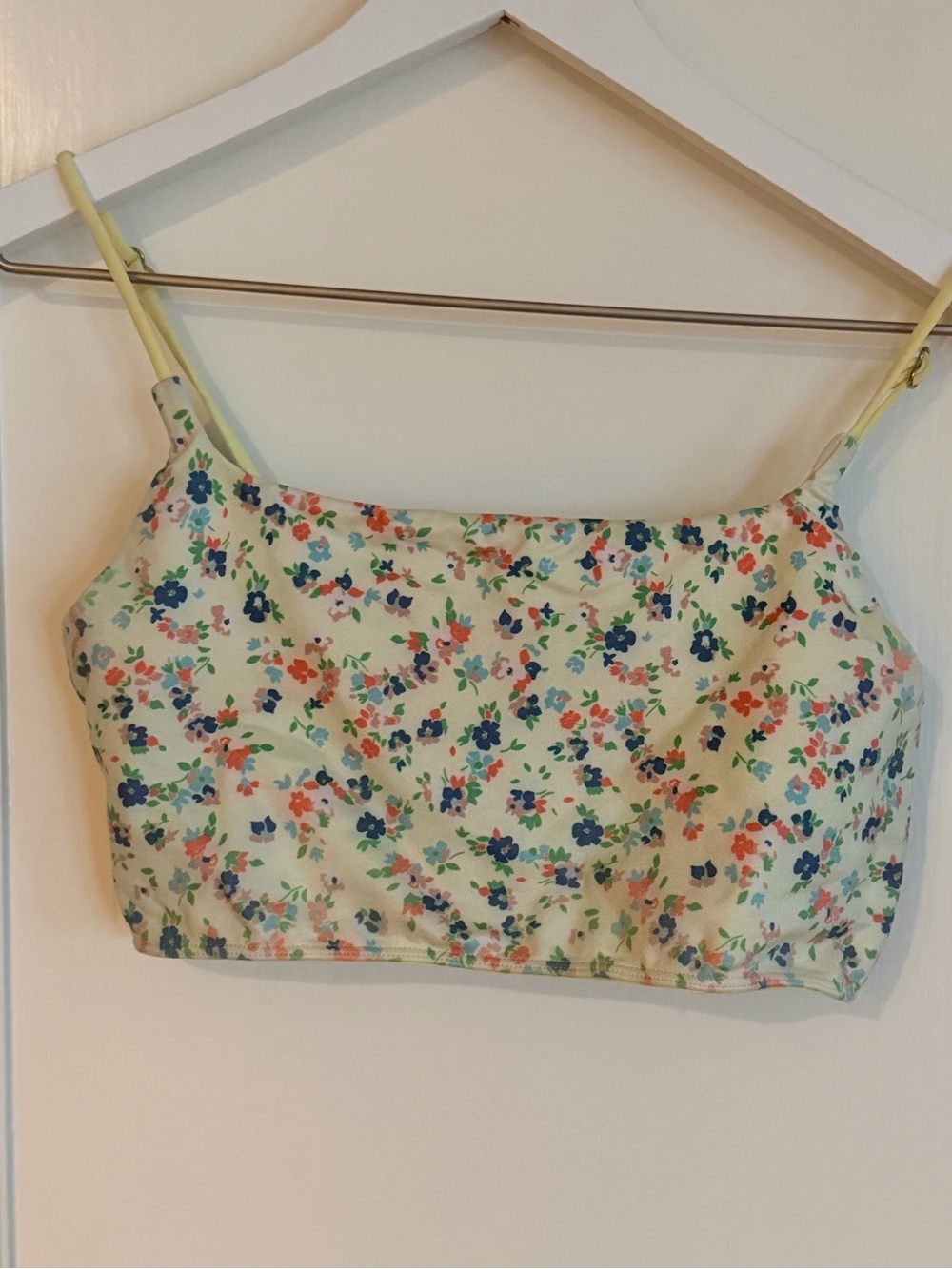 Anthropologie Pale Yellow Floral Cropped Bikini Top with Multicolor Flowers
